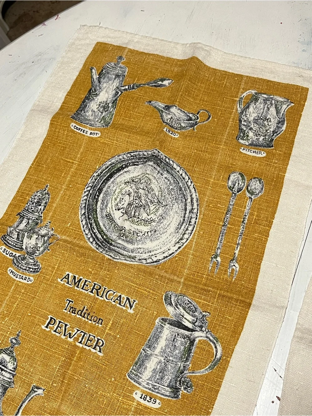 Vintage Kay Dee 100% Linen Hand Printed American Tradition Pewter Tea Towels